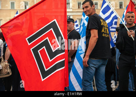 Athens, Greece. 04th June, 2014. Party members of Greek Chrysi Avgi. Far right Chrysi Avgi (Golden Dawn) protest against imprisonment of Nikolaos Michaloliakos and further Members of Parliament in Athens. 4 June 2014 Credit:  dpa picture alliance/Alamy Live News Stock Photo