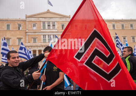 Athens, Greece. 04th June, 2014. Party members of Greek Chrysi Avgi. Far right Chrysi Avgi (Golden Dawn) protest against imprisonment of Nikolaos Michaloliakos and further Members of Parliament in Athens. 4 June 2014 Credit:  dpa picture alliance/Alamy Live News Stock Photo