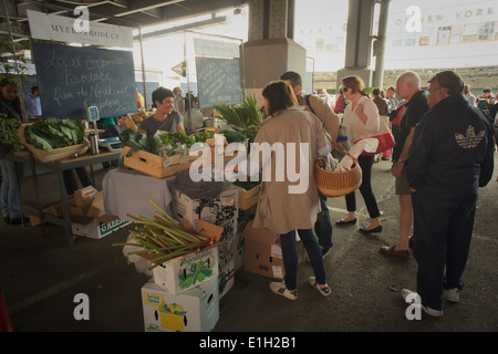 The Myers Produce kiosk from the 'Northeast Kingdom' in Vermont at the New Amsterdam Market on South Street in New York Stock Photo