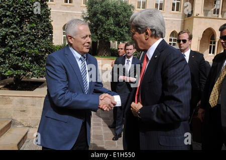 Beirut, Lebanon. 04th June, 2014. US Secretary of State John Kerry is greeted by Ambassador Demesquieh on arrival at the Prime Minister's Office for meetings during a surprise visit June 4, 2014 in Beirut, Lebanon. Credit:  Planetpix/Alamy Live News Stock Photo