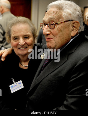 Former secretaries of State Madeleine Albright, left, and Henry Kissinger, both members of the Defense Policy Board, attend the Stock Photo