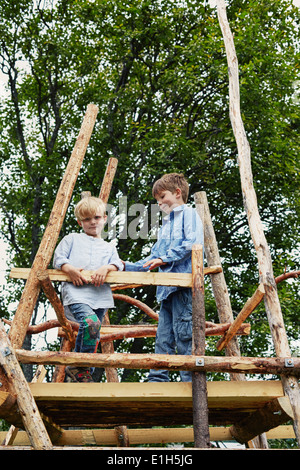 Two young brothers on top of tree house in forest Stock Photo