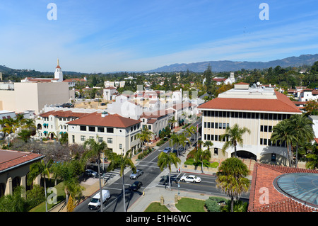 A view from the clock tower of beautiful and historic working Court House in Santa Barbara, California. Stock Photo