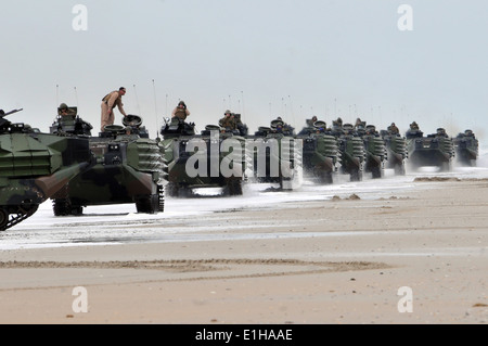 U.S. Marine Corps amphibious assault vehicles move into position after reaching the beach during the amphibious assault phase o Stock Photo