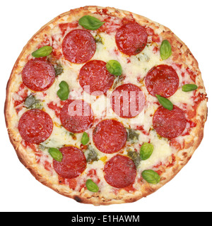 Fresh salami pizza isolated on white background
