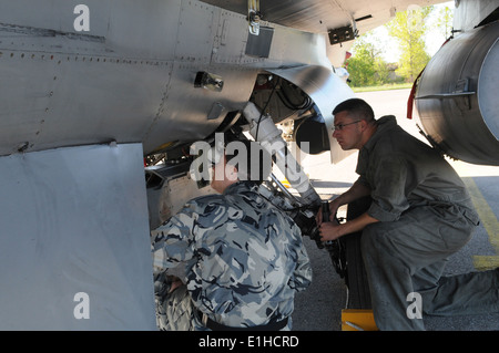 U.S. Air Force Staff Sgt. Alexander Wieczorek, right, a tactical aircraft maintainer with the 31st Aircraft Maintenance Squadro Stock Photo