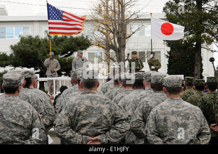 Multinational service members speak during the opening ceremony of exercise Yama Sakura (YS) 63 in Sendai, Miyagi prefecture, J Stock Photo