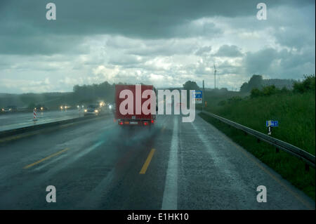 Traffic during heavy rain and poor visibility, A9 motorway, near Pfaffenhofen, Upper Bavaria, Bavaria, Germany Stock Photo