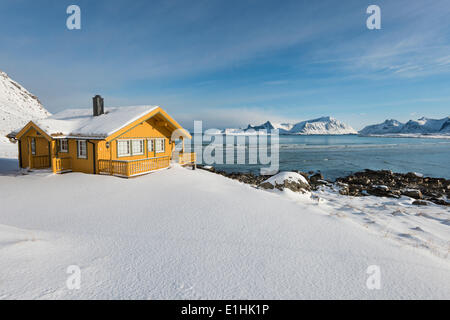 Holiday house by the fjord, Lofoten, Norway Stock Photo