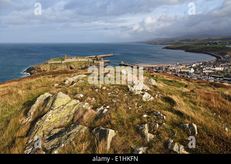 Peel and Peel Castle from Peel Hill, Isle of Man Stock Photo