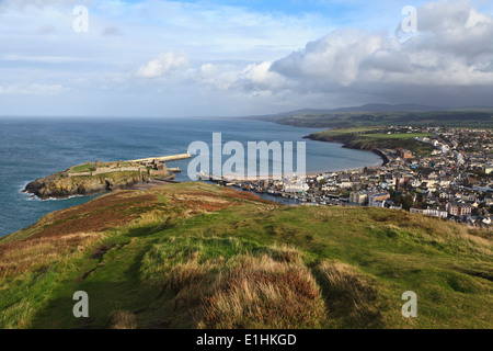 Peel and Peel Castle from Peel Hill, Isle of Man Stock Photo