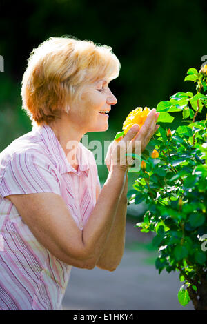 Sentimentality. Mature Pretty Old Lady Smelling Yellow Flower Stock Photo