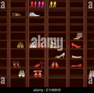 Wardrobe. Brown Wood Shelves with Women's Shoes. Fashion Stock Photo