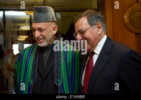 Secretary of Defense Leon E. Panetta, right, meets with Afghan President Hamid Karzai at the Pentagon in Arlington, Va., Jan. 1