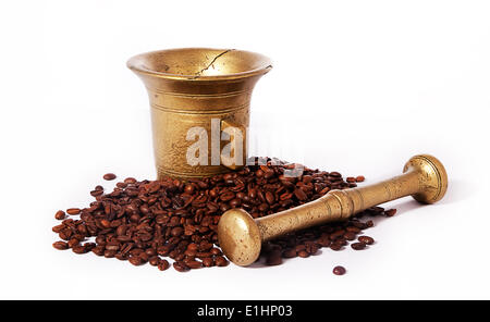 Ancient coffee grinder, old-fashioned mill and brass mortar. Series of photos Stock Photo