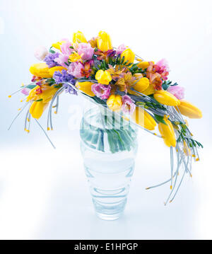 Fresh festive bouquet of colorful flowers in vase on white background Stock Photo