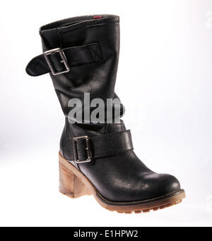 One black leather female boot isolated on white background Stock Photo