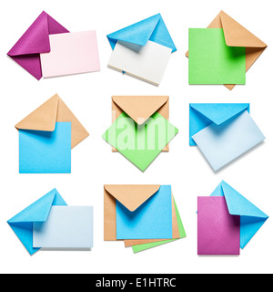 Colorful envelopes with greeting card collection isolated on white background Stock Photo