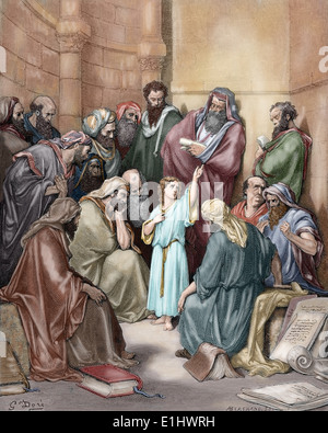 New Testament. Jesus in his childhood among the Doctors. Gospel of Luke. Gustave Dore drawing. Colored. Stock Photo