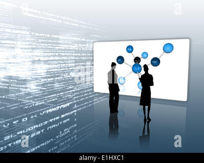 Silhouettes in front of molecular screen Stock Photo