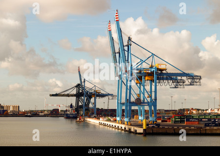 Container cranes, Port of Zeebrugge, taken from a North Sea ferry, Belgium Stock Photo