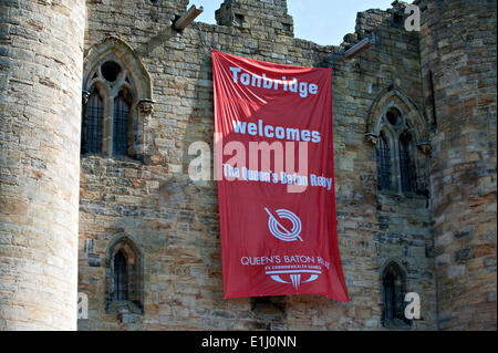 Tonbridge, Kent, UK. 5th June, 2014. . 05th June, 2014. A banner welcomes the arrival of the Commonwealth Games Queen's Baton to Tonbridge Castle. The event was attended by children from local schools who participated in a variety of activities organised by Tonbridge and Malling Council. Credit:  patrick nairne/Alamy Live News Stock Photo