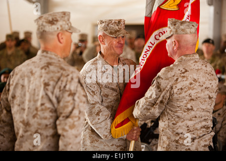 Maj. Gen. Charles M. Gurganus passes the colors to Maj. Gen. Walter L. Miller, Jr. during the transfer of authority ceremony on Stock Photo