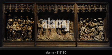 Altarpiece of Saint Lambert. Utrecht, 1470-1480. Clay. Nativity, Adoration of the Kings and Marriage of Mary and Joseph. Stock Photo