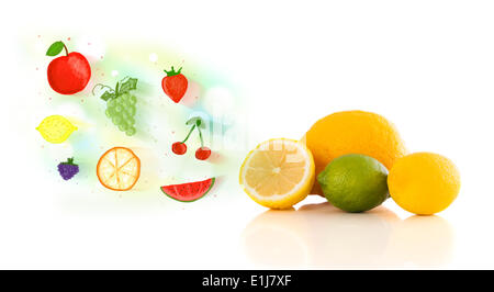Colorful fruits with hand drawn illustrated fruits Stock Photo