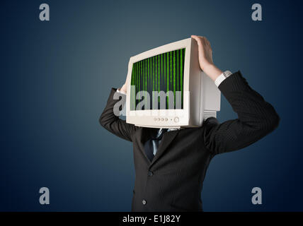 Cyber human with a monitor screen and computer code on the display Stock Photo