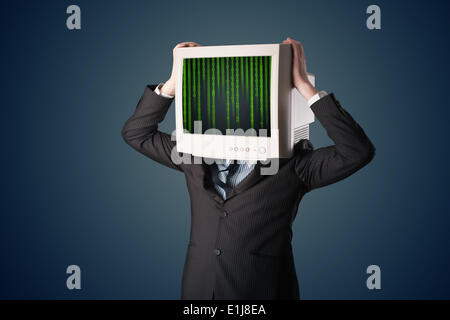 Cyber human with a monitor screen and computer code on the display Stock Photo