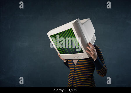 Cyber human with a monitor screen and computer code on the display Stock Photo