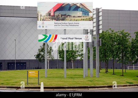 Sign at the Natonal Indoor Sports Arena and Sir Chris Hoy Velodrome venues for the Glasgow 2014 Commonwealth Games, London Road, Scotland, UK Stock Photo