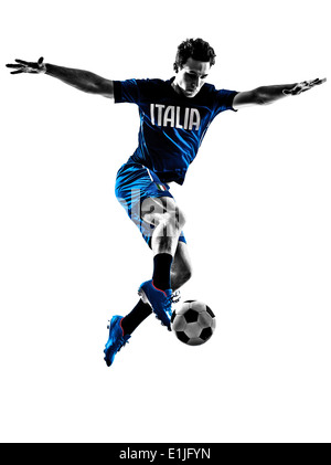 one italian soccer player man playing football jumping in silhouette white background Stock Photo