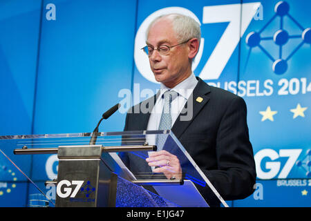 Brussels, Belgium. 5th June, 2014. The former G8 who had to be held in Sotchi was finally held in Brussels as a G7 without Russia. The conclusions of the meeting were explained in a press conference by Herman Van Rompuy, President of the EU Council and Manuel Barroso, President of the EU Parliament. They threathened Russia with more severe sanctions and they discuss about supporting growth and job creations. Credit:  Aurore Belot/NurPhoto/ZUMAPRESS.com/Alamy Live News Stock Photo