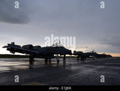 U.S. Air Force A-10 Thunderbolt II aircraft assigned to the 104th Fighter Squadron, Maryland Air National Guard arrive at Amari Stock Photo