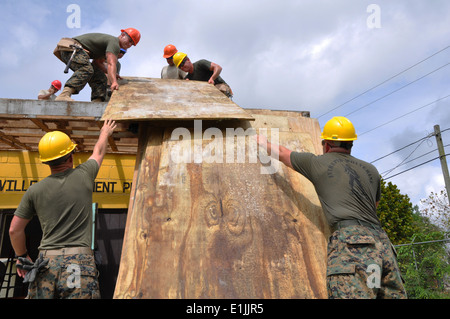 U.S. Air Force and Marine Corps civil engineers move roof decking to repair a roof at a preschool in Hattieville, Belize, June Stock Photo