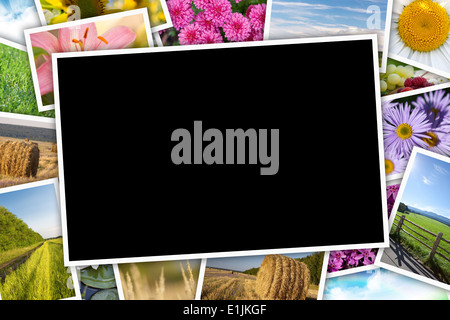 Stack of printed pictures collage on wooden table with copy space for your text or photo Stock Photo