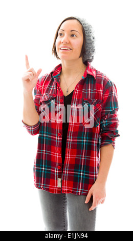 Young woman pointing her finger up Stock Photo