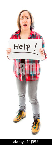 Young woman showing help sign Stock Photo