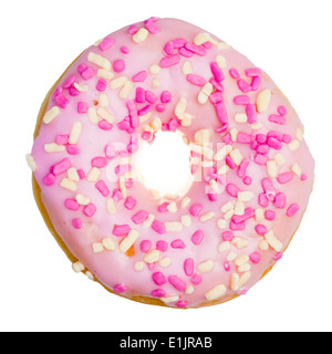 Doughnut ring with sprinkles & pink icing. Single Donut glazed with strawberry glaze isolated on a white background. Stock Photo
