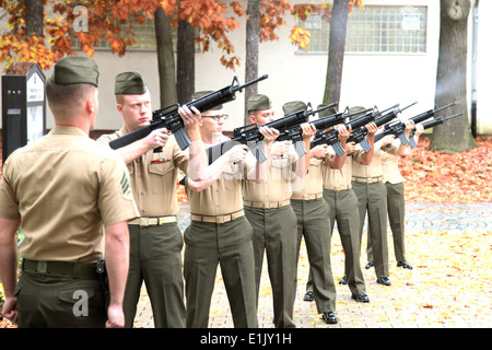 A U.S. Marine Corps rifle detail with Marine Corps Forces Europe and Marine Corps Forces Africa fire three volleys during a mem Stock Photo