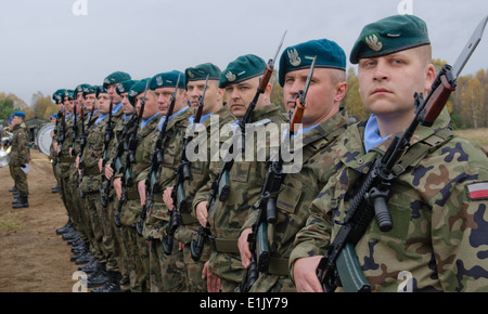 A Polish army honor guard stands in formation with service members from partner nations for a transfer of authority ceremony in Stock Photo