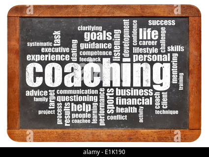 coaching concept - a related word cloud on a vintage blackboard Stock Photo