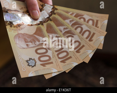 Show Me the Money: 5 Canadian Hundred dollar bills. Five Canadian hundred dollar bills spread out like a hand of cards. Stock Photo