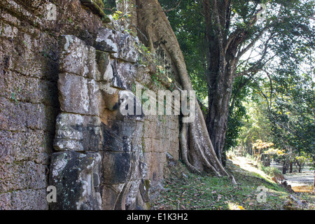 Preah Khan, meaning 'sacred sword,' is a huge, highly explorable monastic complex in Angkor, full of carvings and passages. Stock Photo