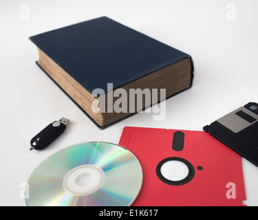 Development of data storage technology: USB flash drive DVD 15 year old 3  inch and 30 year old 5  inch floppy disks 100 year Stock Photo