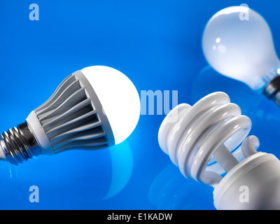 Standard energy saving and LED lightbulbs. Stock Photo