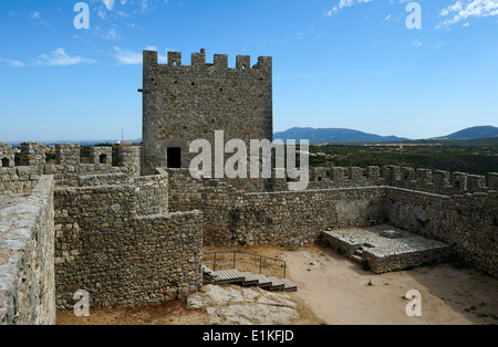 battlements of medieval castle Castelo dos Mouros, Sesimbra, Portugal Stock Photo