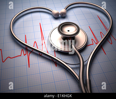 Stethoscope in the shape of a heart and cardiograph. Stock Photo